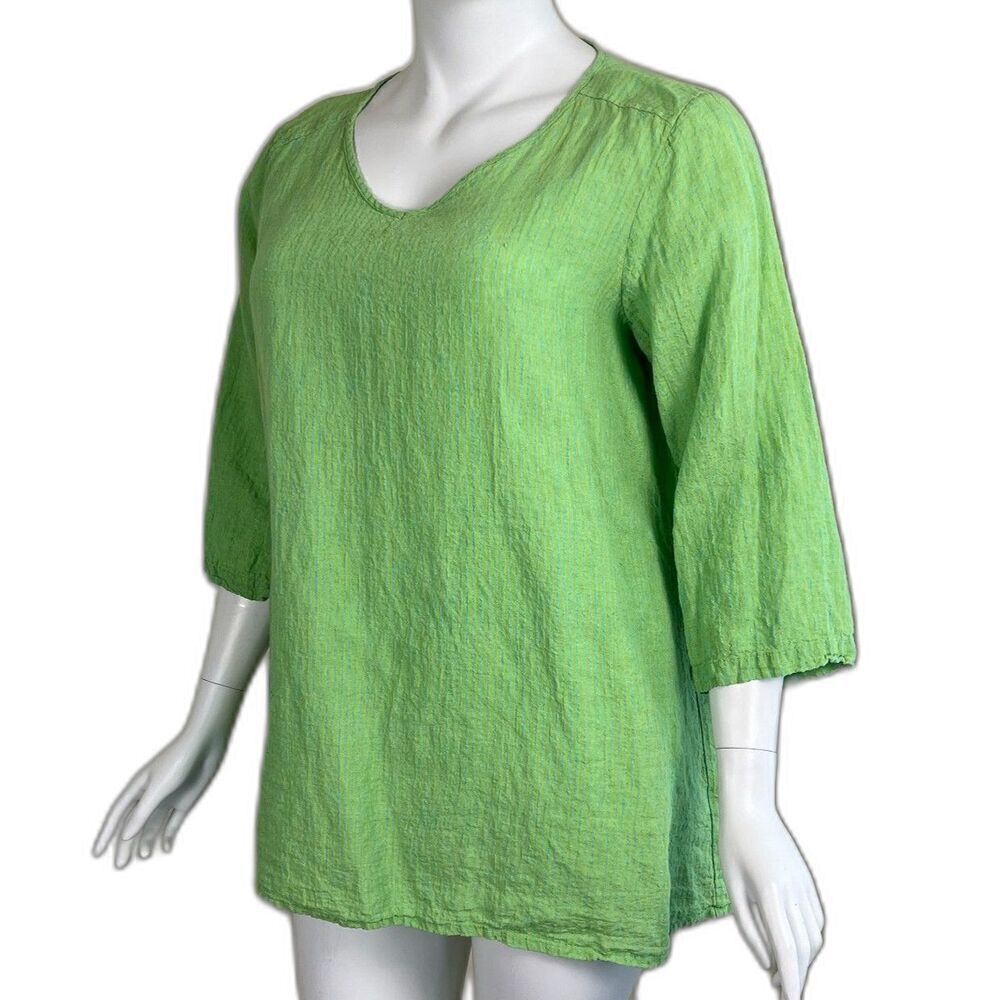 Flax Women's Size L Crepe Linen Green Blue Stripe Pullover Blouse Top Lagenlook